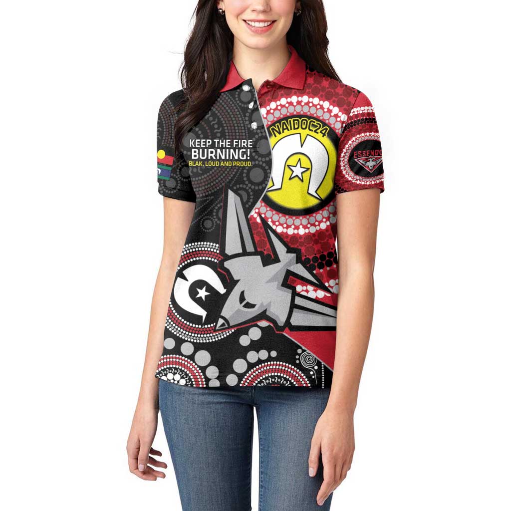 Custom AFL Essendon NAIDOC Week Women Polo Shirt Keep The Fire Burning Indigenous Art