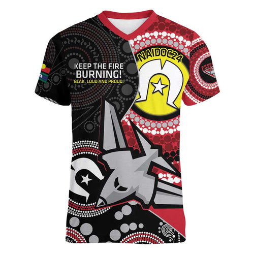 Custom AFL Essendon NAIDOC Week Women V-Neck T-Shirt Keep The Fire Burning Indigenous Art
