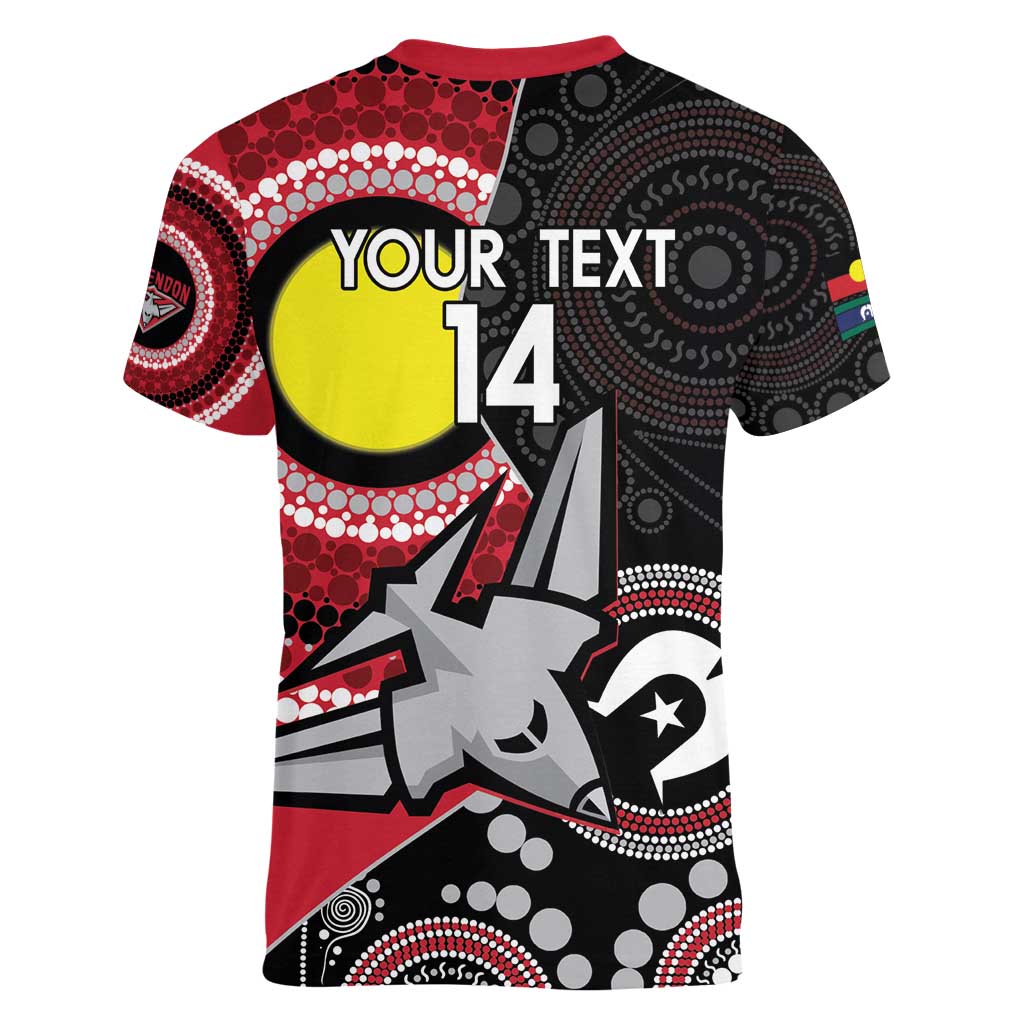 Custom AFL Essendon NAIDOC Week Women V-Neck T-Shirt Keep The Fire Burning Indigenous Art