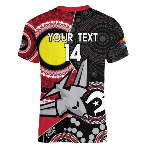 Custom AFL Essendon NAIDOC Week Women V-Neck T-Shirt Keep The Fire Burning Indigenous Art