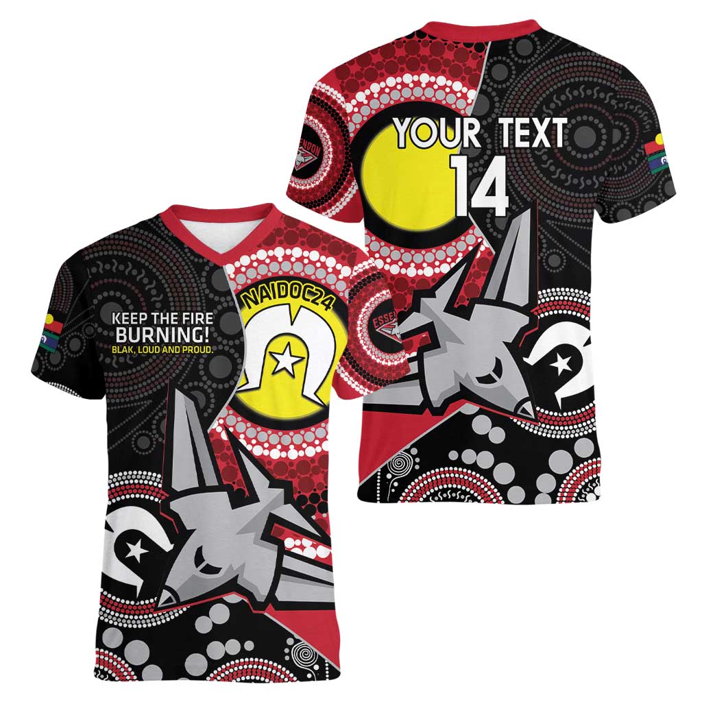 Custom AFL Essendon NAIDOC Week Women V-Neck T-Shirt Keep The Fire Burning Indigenous Art