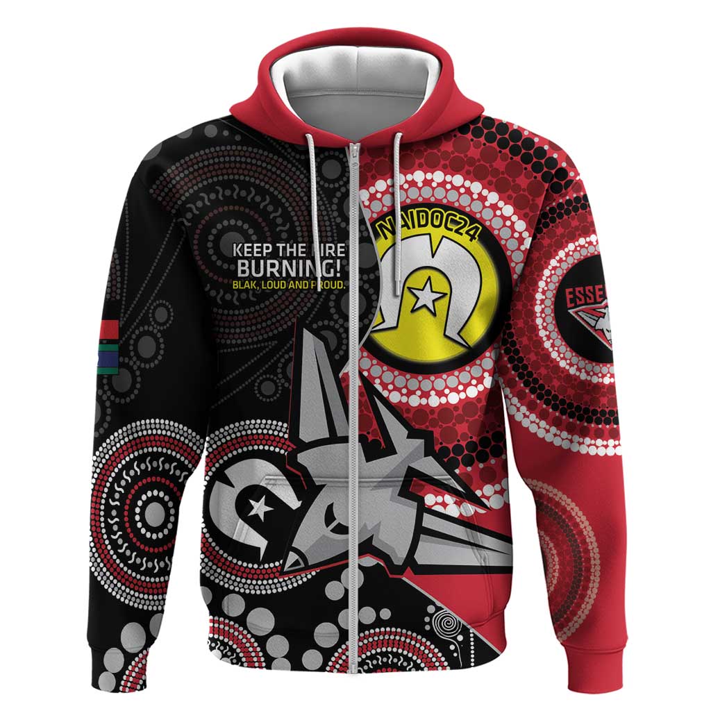 Custom AFL Essendon NAIDOC Week Zip Hoodie Keep The Fire Burning Indigenous Art