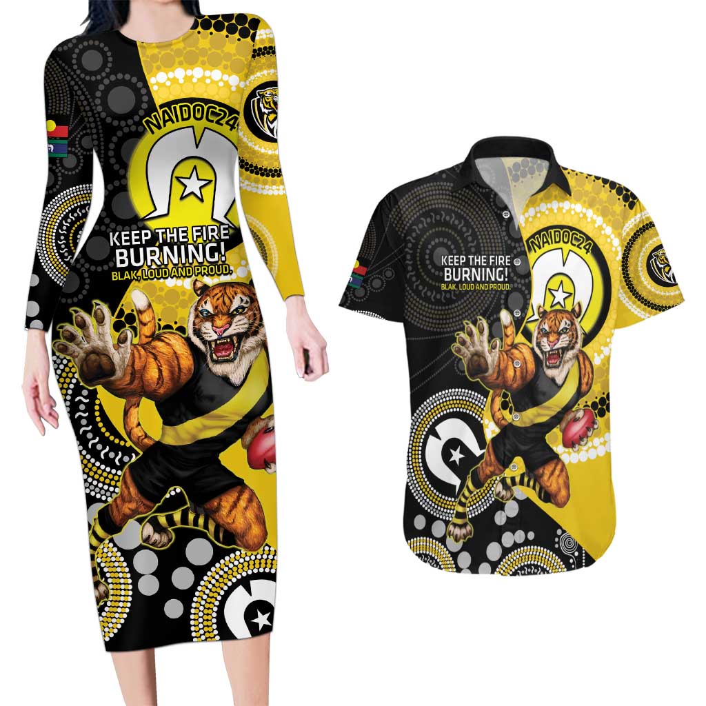 Custom AFL Richmond NAIDOC Week Couples Matching Long Sleeve Bodycon Dress and Hawaiian Shirt Keep The Fire Burning Indigenous Art