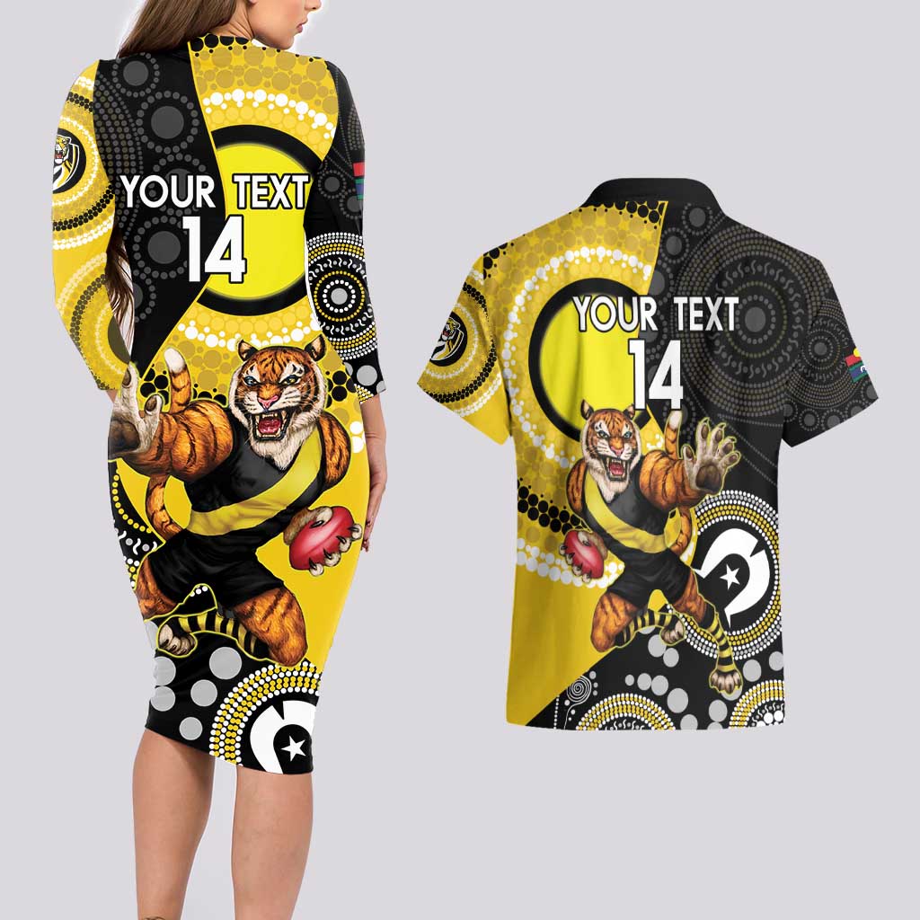 Custom AFL Richmond NAIDOC Week Couples Matching Long Sleeve Bodycon Dress and Hawaiian Shirt Keep The Fire Burning Indigenous Art