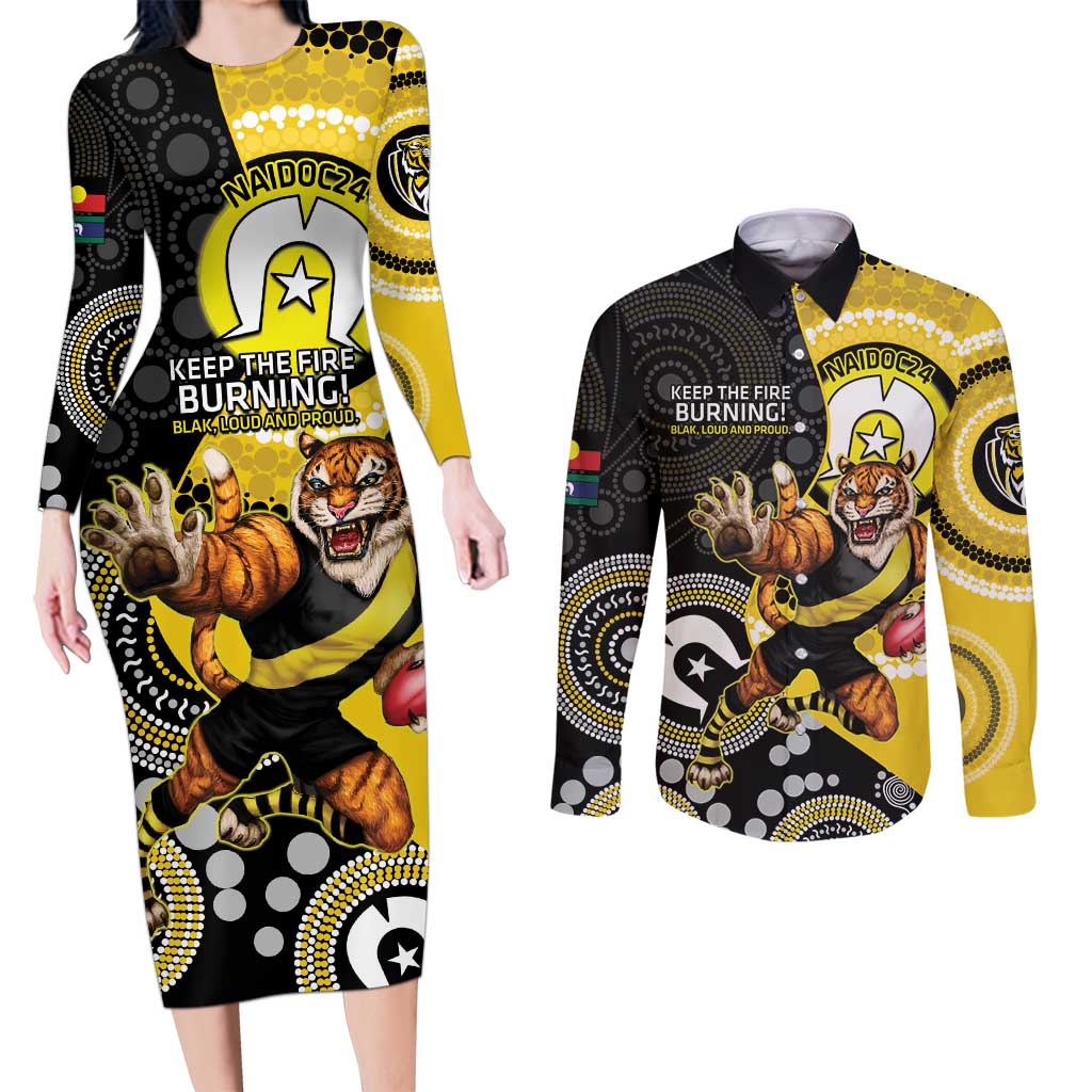 Custom AFL Richmond NAIDOC Week Couples Matching Long Sleeve Bodycon Dress and Long Sleeve Button Shirt Keep The Fire Burning Indigenous Art
