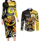 Custom AFL Richmond NAIDOC Week Couples Matching Long Sleeve Bodycon Dress and Long Sleeve Button Shirt Keep The Fire Burning Indigenous Art