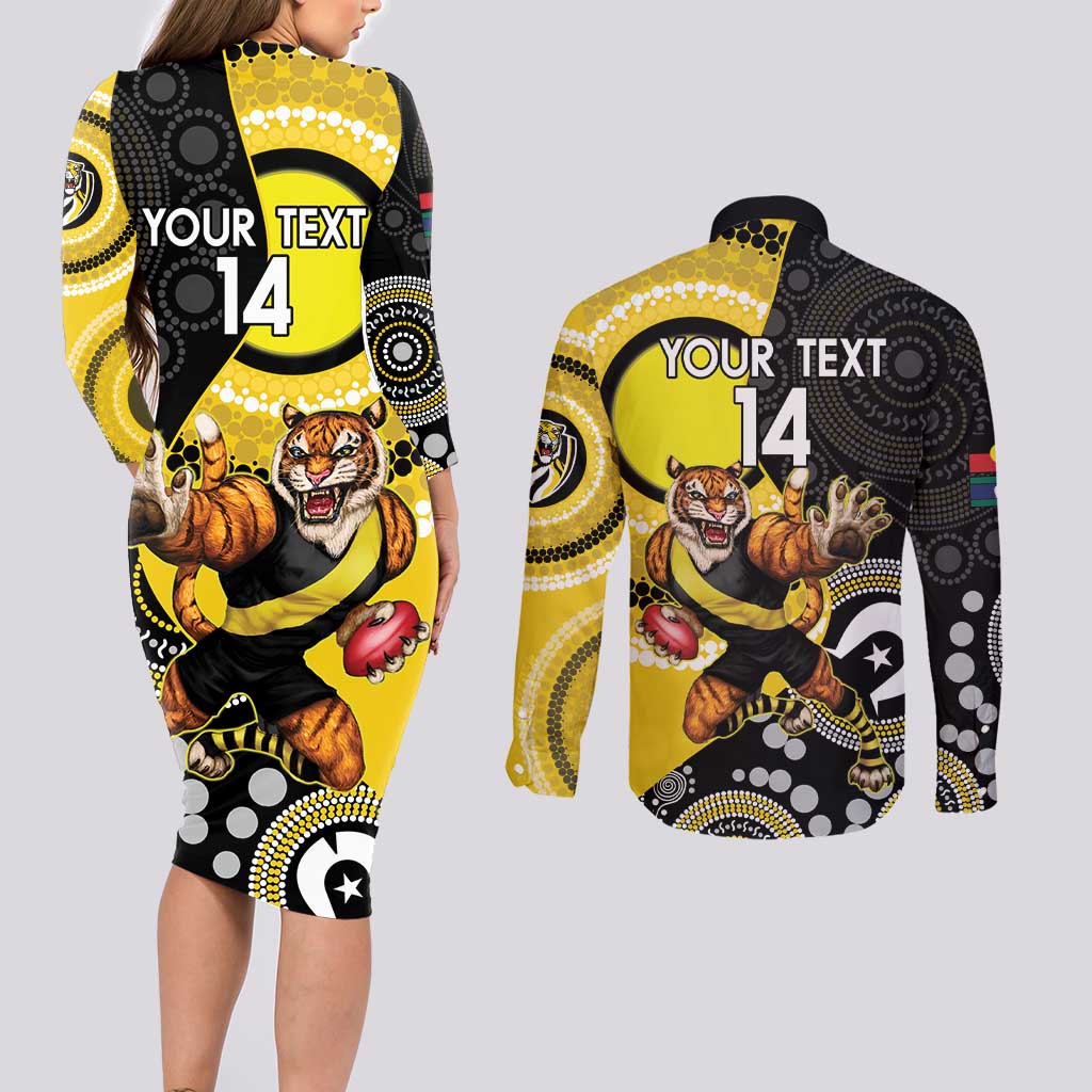 Custom AFL Richmond NAIDOC Week Couples Matching Long Sleeve Bodycon Dress and Long Sleeve Button Shirt Keep The Fire Burning Indigenous Art