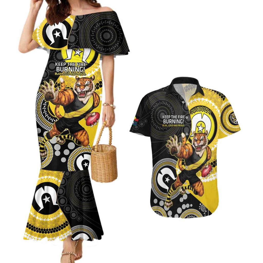 Custom AFL Richmond NAIDOC Week Couples Matching Mermaid Dress and Hawaiian Shirt Keep The Fire Burning Indigenous Art