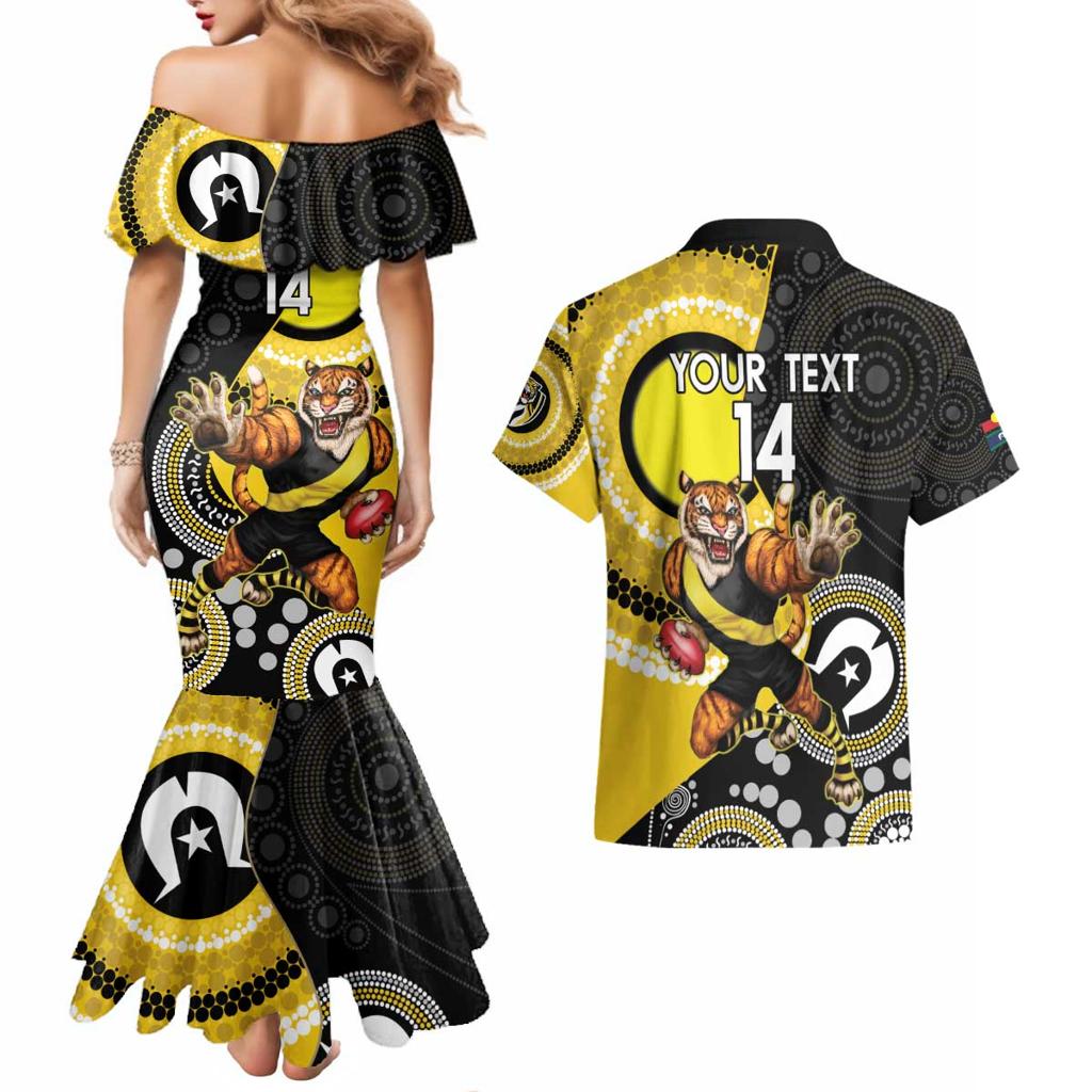 Custom AFL Richmond NAIDOC Week Couples Matching Mermaid Dress and Hawaiian Shirt Keep The Fire Burning Indigenous Art