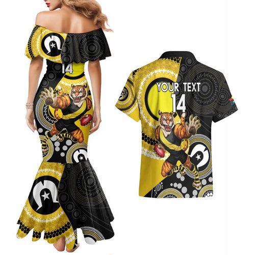 Custom AFL Richmond NAIDOC Week Couples Matching Mermaid Dress and Hawaiian Shirt Keep The Fire Burning Indigenous Art