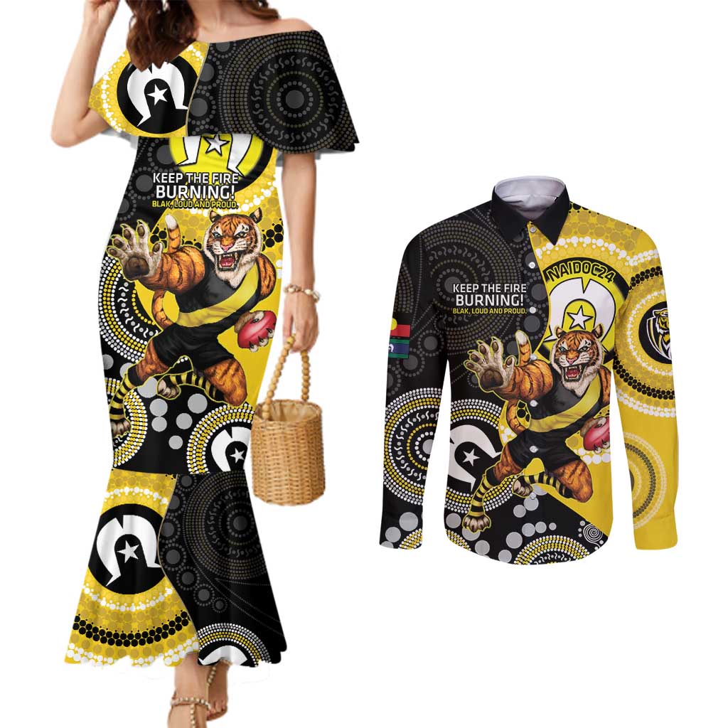 Custom AFL Richmond NAIDOC Week Couples Matching Mermaid Dress and Long Sleeve Button Shirt Keep The Fire Burning Indigenous Art