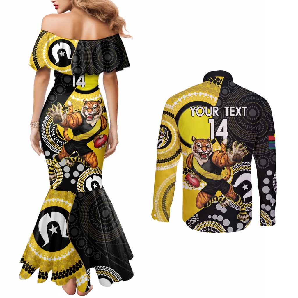 Custom AFL Richmond NAIDOC Week Couples Matching Mermaid Dress and Long Sleeve Button Shirt Keep The Fire Burning Indigenous Art