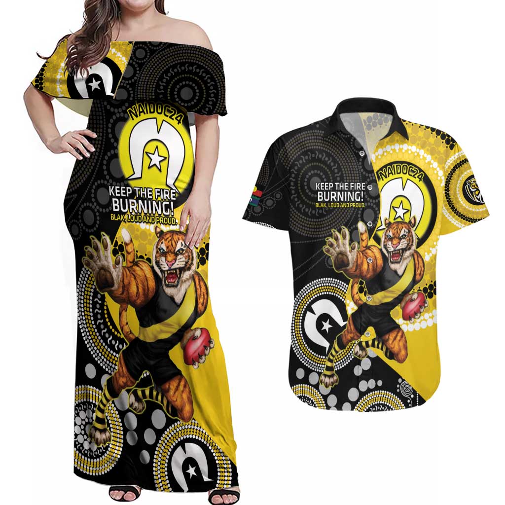 Custom AFL Richmond NAIDOC Week Couples Matching Off Shoulder Maxi Dress and Hawaiian Shirt Keep The Fire Burning Indigenous Art