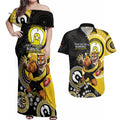 Custom AFL Richmond NAIDOC Week Couples Matching Off Shoulder Maxi Dress and Hawaiian Shirt Keep The Fire Burning Indigenous Art