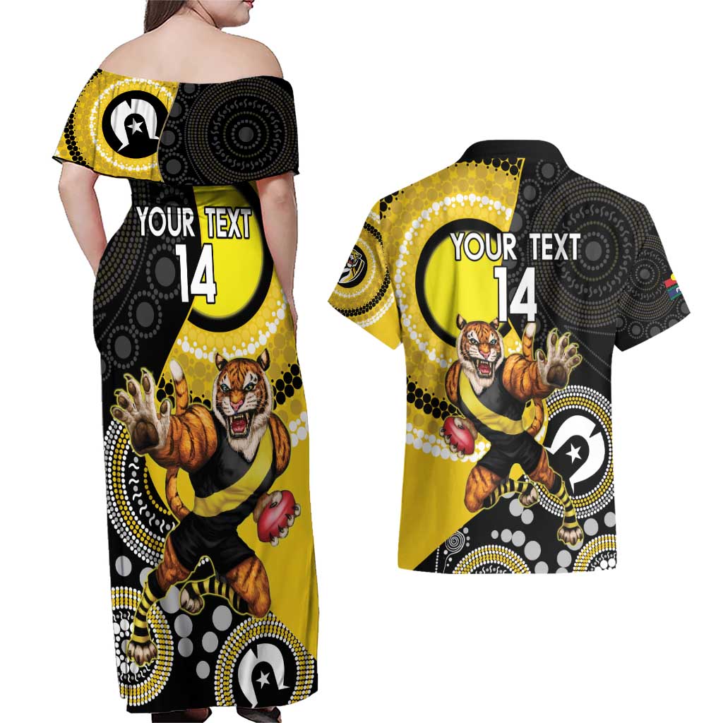 Custom AFL Richmond NAIDOC Week Couples Matching Off Shoulder Maxi Dress and Hawaiian Shirt Keep The Fire Burning Indigenous Art