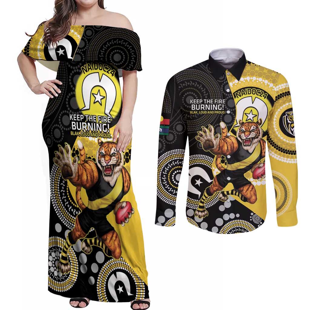 Custom AFL Richmond NAIDOC Week Couples Matching Off Shoulder Maxi Dress and Long Sleeve Button Shirt Keep The Fire Burning Indigenous Art