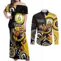 Custom AFL Richmond NAIDOC Week Couples Matching Off Shoulder Maxi Dress and Long Sleeve Button Shirt Keep The Fire Burning Indigenous Art