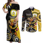 Custom AFL Richmond NAIDOC Week Couples Matching Off Shoulder Maxi Dress and Long Sleeve Button Shirt Keep The Fire Burning Indigenous Art