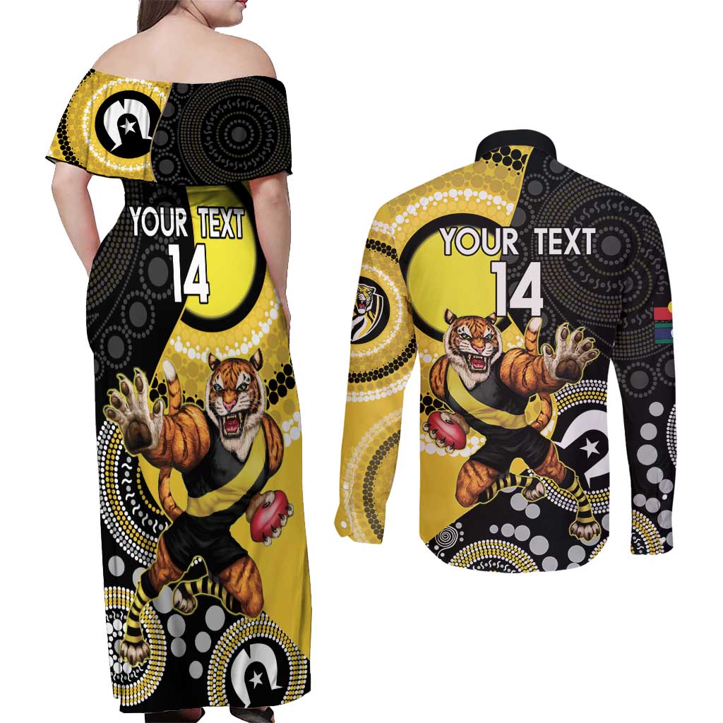 Custom AFL Richmond NAIDOC Week Couples Matching Off Shoulder Maxi Dress and Long Sleeve Button Shirt Keep The Fire Burning Indigenous Art