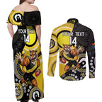 Custom AFL Richmond NAIDOC Week Couples Matching Off Shoulder Maxi Dress and Long Sleeve Button Shirt Keep The Fire Burning Indigenous Art