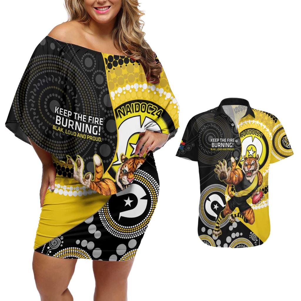Custom AFL Richmond NAIDOC Week Couples Matching Off Shoulder Short Dress and Hawaiian Shirt Keep The Fire Burning Indigenous Art