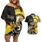Custom AFL Richmond NAIDOC Week Couples Matching Off Shoulder Short Dress and Hawaiian Shirt Keep The Fire Burning Indigenous Art