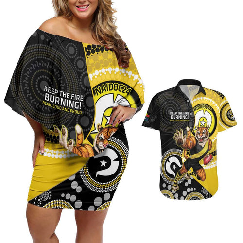 Custom AFL Richmond NAIDOC Week Couples Matching Off Shoulder Short Dress and Hawaiian Shirt Keep The Fire Burning Indigenous Art