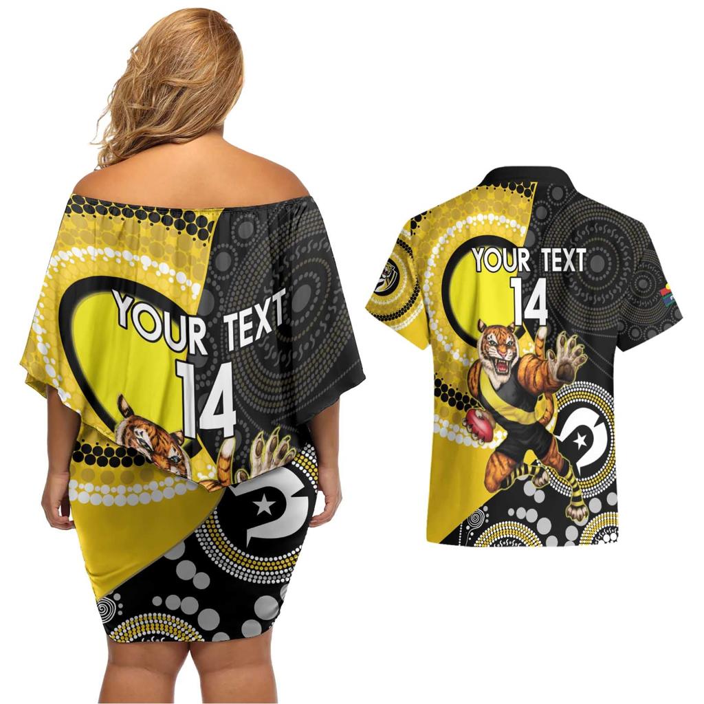 Custom AFL Richmond NAIDOC Week Couples Matching Off Shoulder Short Dress and Hawaiian Shirt Keep The Fire Burning Indigenous Art