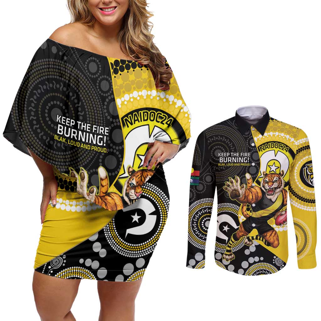 Custom AFL Richmond NAIDOC Week Couples Matching Off Shoulder Short Dress and Long Sleeve Button Shirt Keep The Fire Burning Indigenous Art