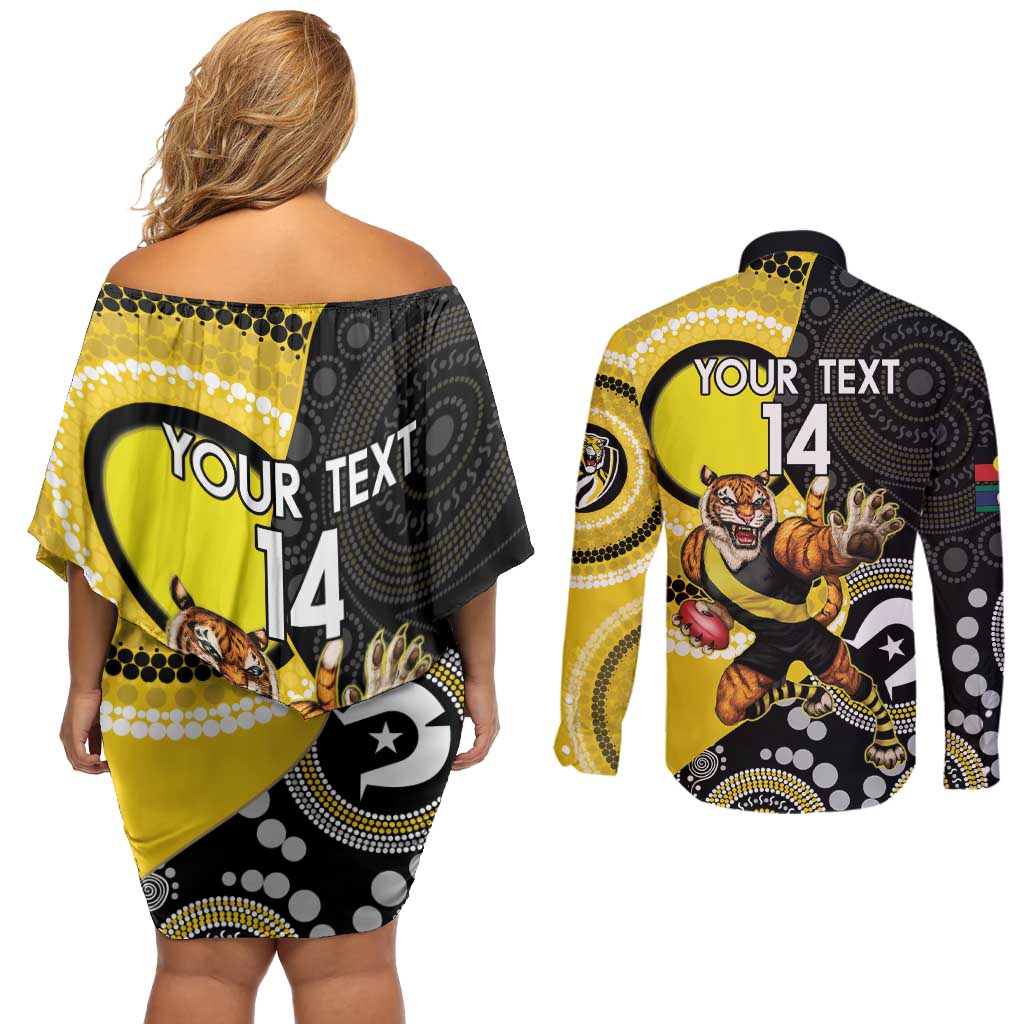 Custom AFL Richmond NAIDOC Week Couples Matching Off Shoulder Short Dress and Long Sleeve Button Shirt Keep The Fire Burning Indigenous Art