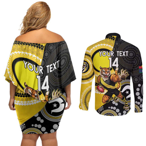 Custom AFL Richmond NAIDOC Week Couples Matching Off Shoulder Short Dress and Long Sleeve Button Shirt Keep The Fire Burning Indigenous Art