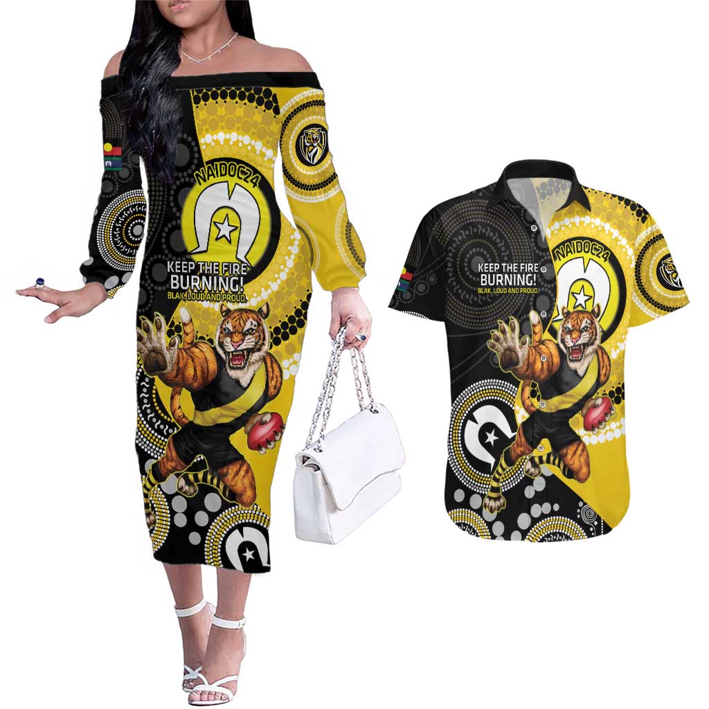 Custom AFL Richmond NAIDOC Week Couples Matching Off The Shoulder Long Sleeve Dress and Hawaiian Shirt Keep The Fire Burning Indigenous Art