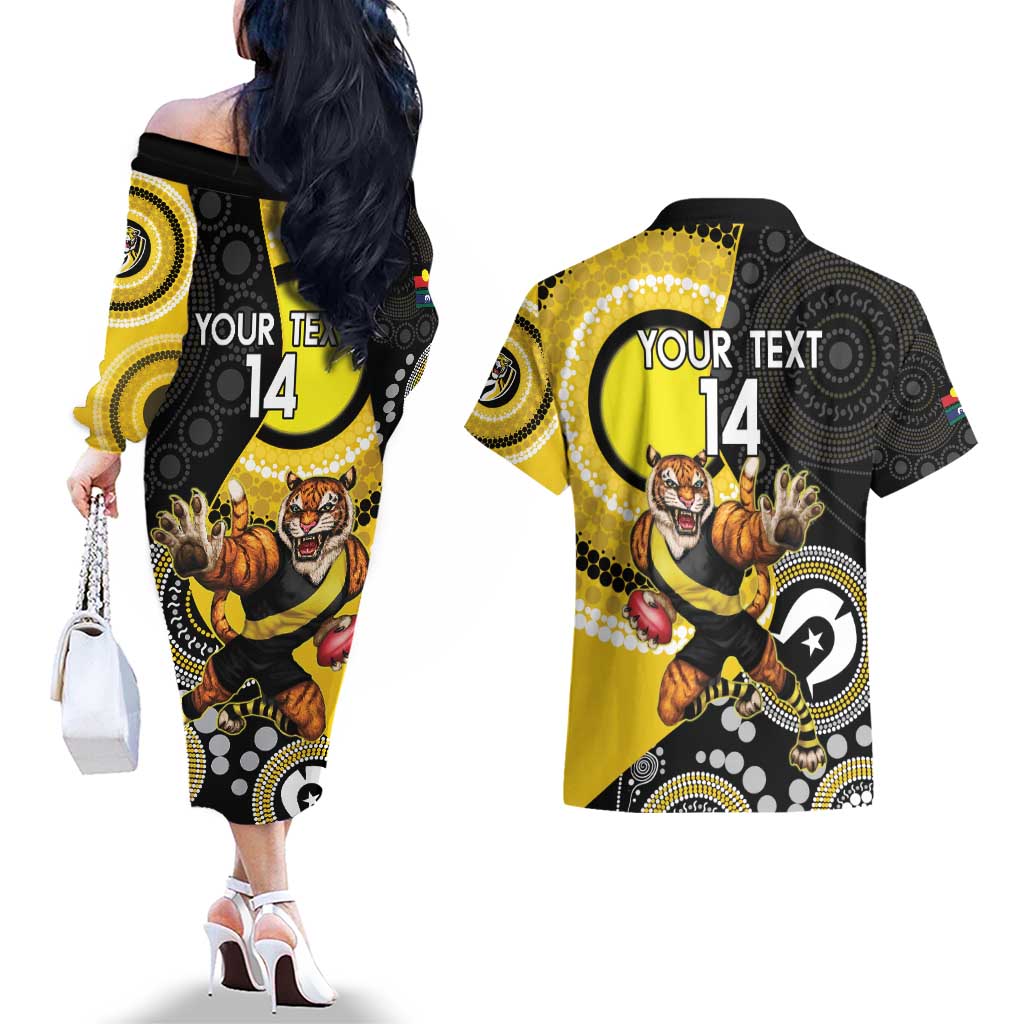 Custom AFL Richmond NAIDOC Week Couples Matching Off The Shoulder Long Sleeve Dress and Hawaiian Shirt Keep The Fire Burning Indigenous Art