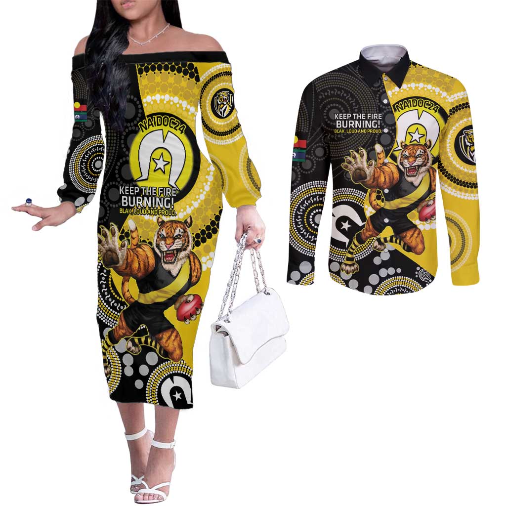 Custom AFL Richmond NAIDOC Week Couples Matching Off The Shoulder Long Sleeve Dress and Long Sleeve Button Shirt Keep The Fire Burning Indigenous Art