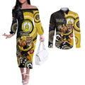 Custom AFL Richmond NAIDOC Week Couples Matching Off The Shoulder Long Sleeve Dress and Long Sleeve Button Shirt Keep The Fire Burning Indigenous Art