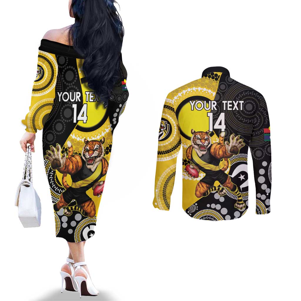 Custom AFL Richmond NAIDOC Week Couples Matching Off The Shoulder Long Sleeve Dress and Long Sleeve Button Shirt Keep The Fire Burning Indigenous Art