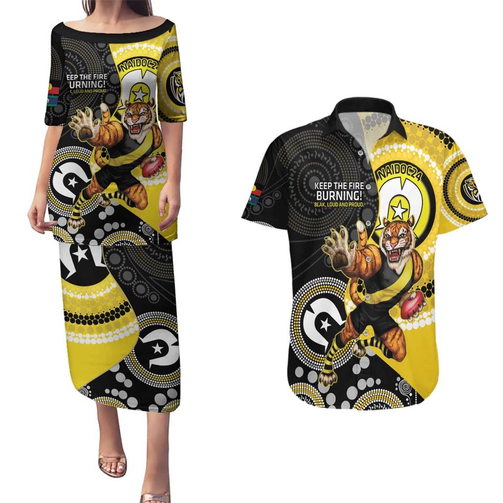 Custom AFL Richmond NAIDOC Week Couples Matching Puletasi and Hawaiian Shirt Keep The Fire Burning Indigenous Art