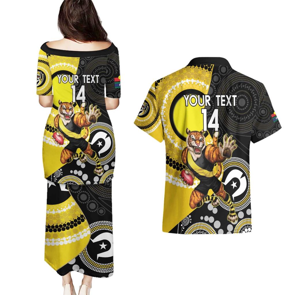 Custom AFL Richmond NAIDOC Week Couples Matching Puletasi and Hawaiian Shirt Keep The Fire Burning Indigenous Art