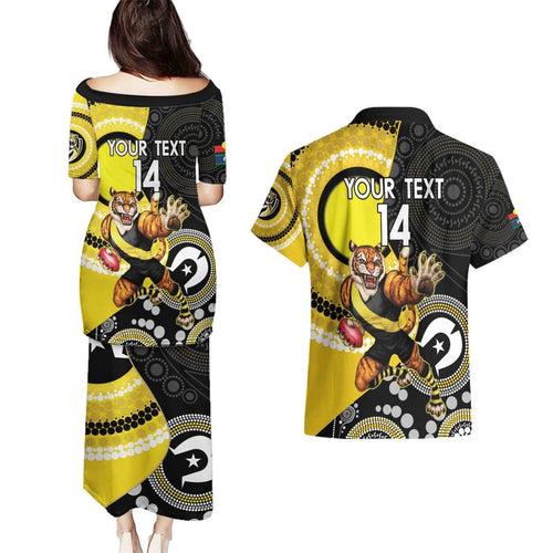 Custom AFL Richmond NAIDOC Week Couples Matching Puletasi and Hawaiian Shirt Keep The Fire Burning Indigenous Art