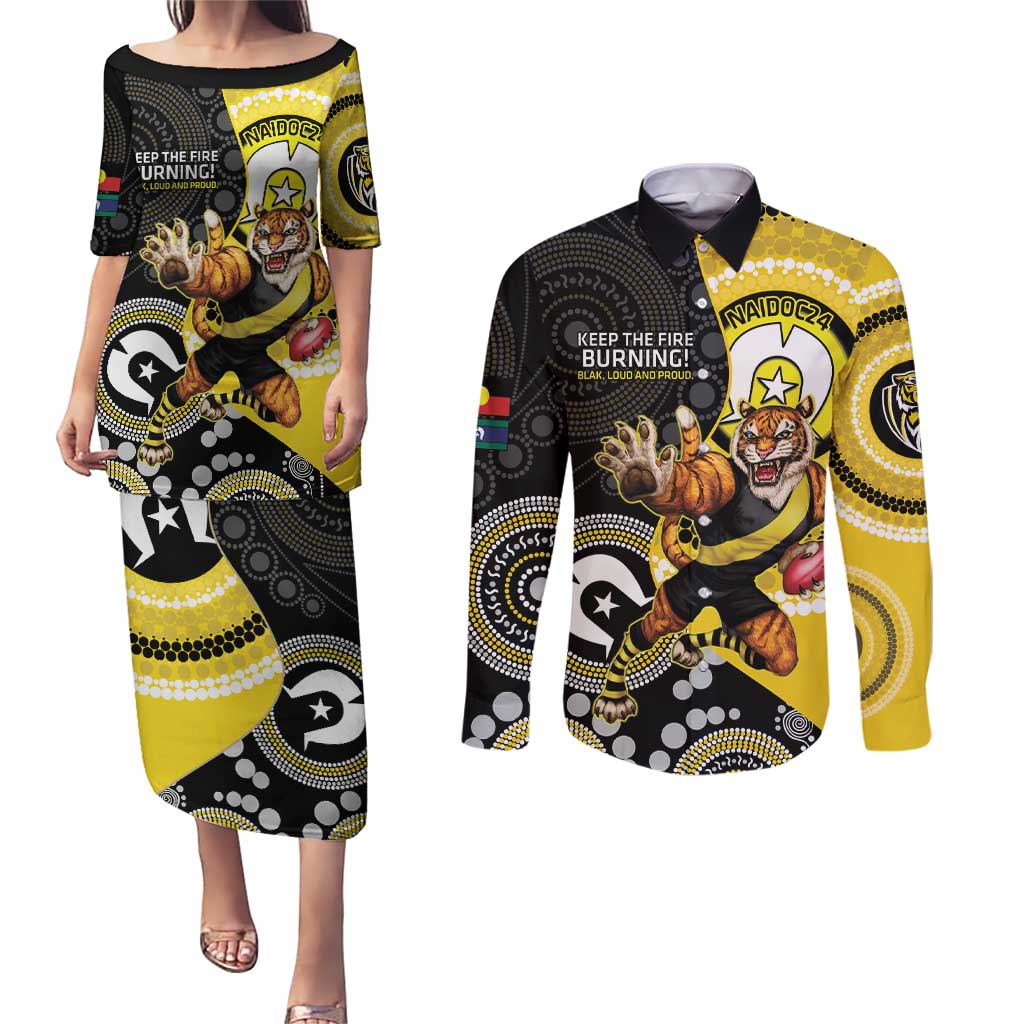 Custom AFL Richmond NAIDOC Week Couples Matching Puletasi and Long Sleeve Button Shirt Keep The Fire Burning Indigenous Art