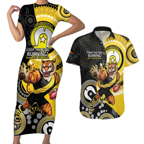 Custom AFL Richmond NAIDOC Week Couples Matching Short Sleeve Bodycon Dress and Hawaiian Shirt Keep The Fire Burning Indigenous Art