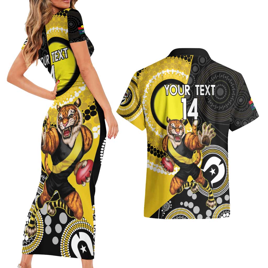 Custom AFL Richmond NAIDOC Week Couples Matching Short Sleeve Bodycon Dress and Hawaiian Shirt Keep The Fire Burning Indigenous Art