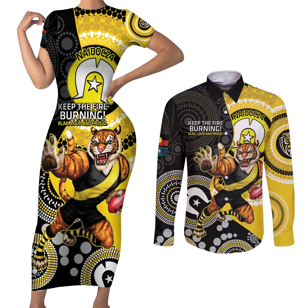 Custom AFL Richmond NAIDOC Week Couples Matching Short Sleeve Bodycon Dress and Long Sleeve Button Shirt Keep The Fire Burning Indigenous Art
