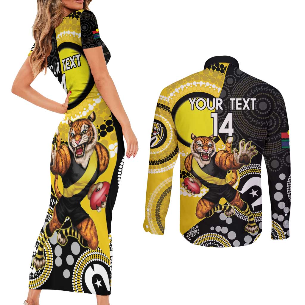Custom AFL Richmond NAIDOC Week Couples Matching Short Sleeve Bodycon Dress and Long Sleeve Button Shirt Keep The Fire Burning Indigenous Art