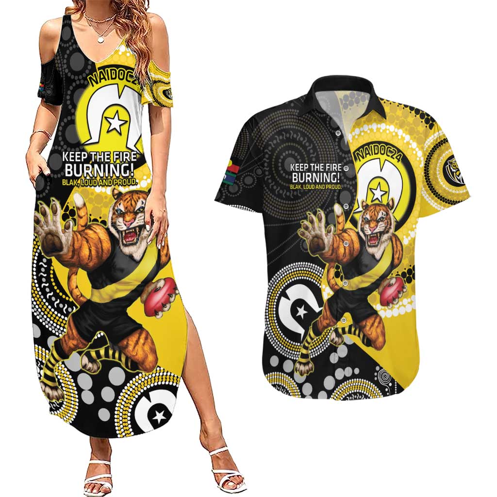 Custom AFL Richmond NAIDOC Week Couples Matching Summer Maxi Dress and Hawaiian Shirt Keep The Fire Burning Indigenous Art