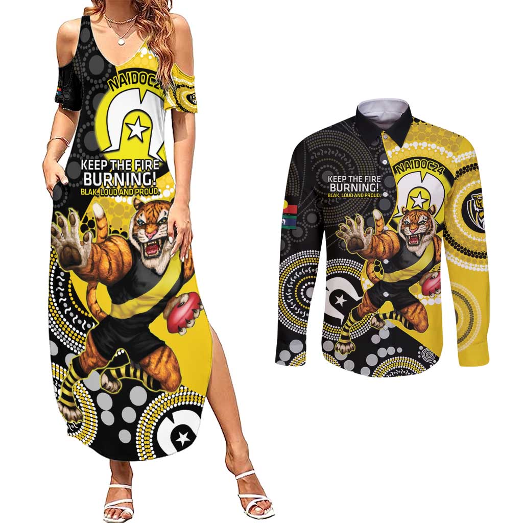 Custom AFL Richmond NAIDOC Week Couples Matching Summer Maxi Dress and Long Sleeve Button Shirt Keep The Fire Burning Indigenous Art