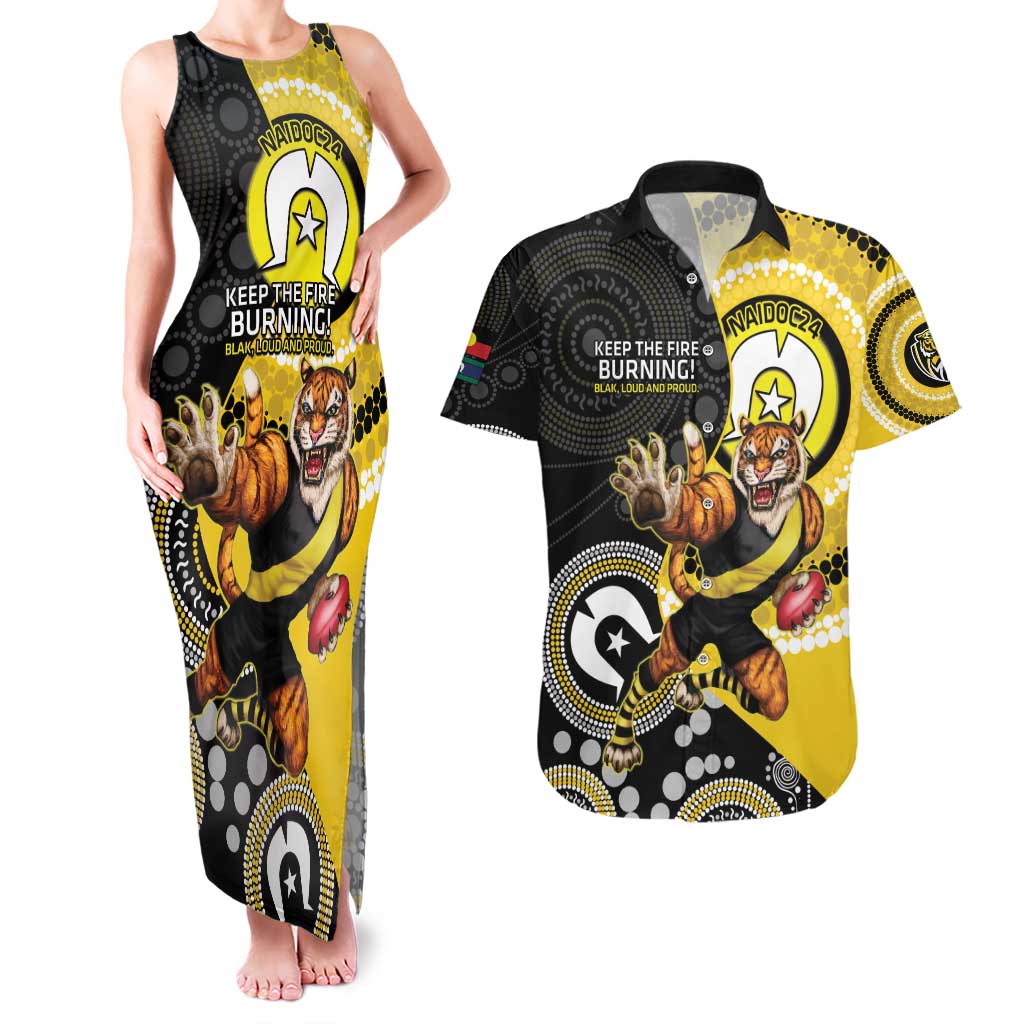 Custom AFL Richmond NAIDOC Week Couples Matching Tank Maxi Dress and Hawaiian Shirt Keep The Fire Burning Indigenous Art