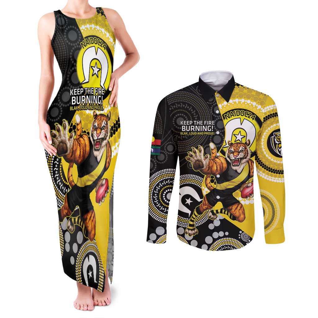 Custom AFL Richmond NAIDOC Week Couples Matching Tank Maxi Dress and Long Sleeve Button Shirt Keep The Fire Burning Indigenous Art