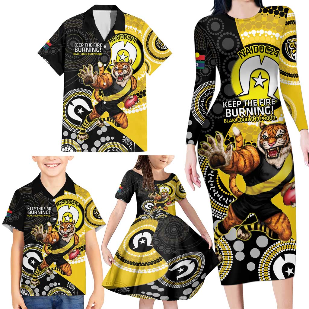 Custom AFL Richmond NAIDOC Week Family Matching Long Sleeve Bodycon Dress and Hawaiian Shirt Keep The Fire Burning Indigenous Art