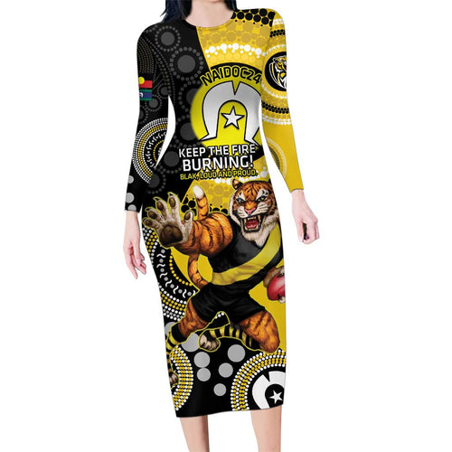 Custom AFL Richmond NAIDOC Week Family Matching Long Sleeve Bodycon Dress and Hawaiian Shirt Keep The Fire Burning Indigenous Art